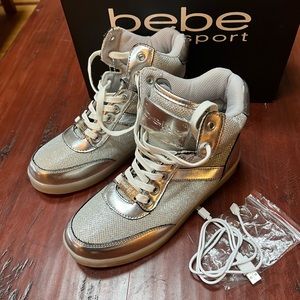 NWT Bebe Flash Silver Metallic Light Up High Top Sneakers